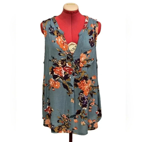 Market & Spruce Tops - Market & Spruce, Size XXL, Green Floral Sleeveless Blouse